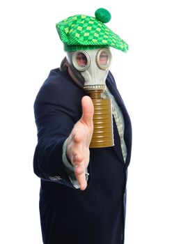 Man wearing a suit and gas mask on a white background