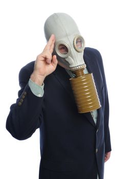 Man wearing a suit and gas mask on a white background