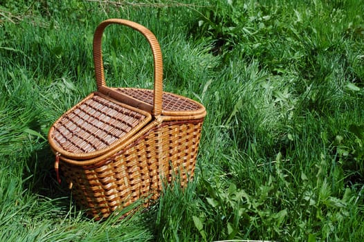  The basket for picnic on green grass.