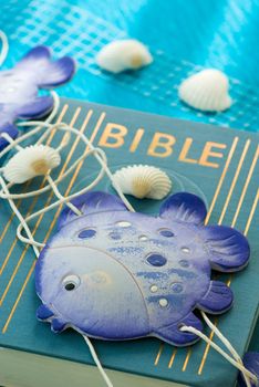 blue marine still life with Bible