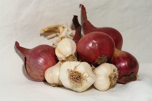 Garlic and onions on a white linen cloth