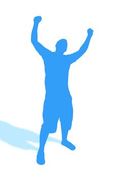 A blue silhouette of a man throwing his hands up in the air.  He also looks like he could be dancing.  Image includes the clipping path.