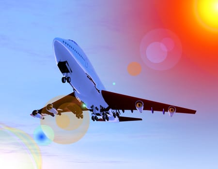 A plane flying high in the sky.