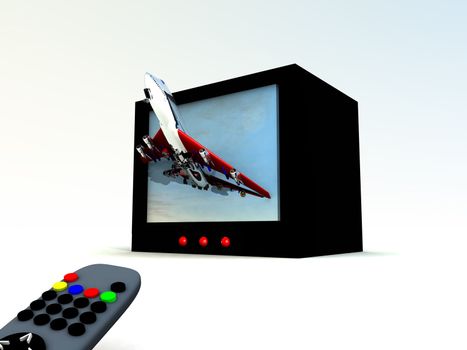 A image of a plane coming out of a television.