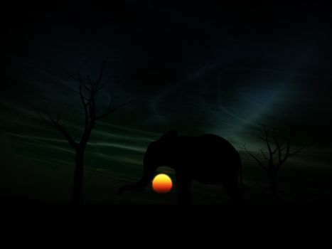 An image of an elephant silhouette with a African sky background.