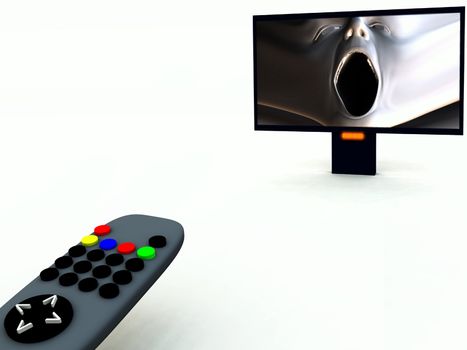 A image of a television remote control with a horror program on.  