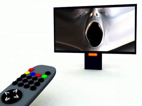 A image of a television remote control with a horror program on.