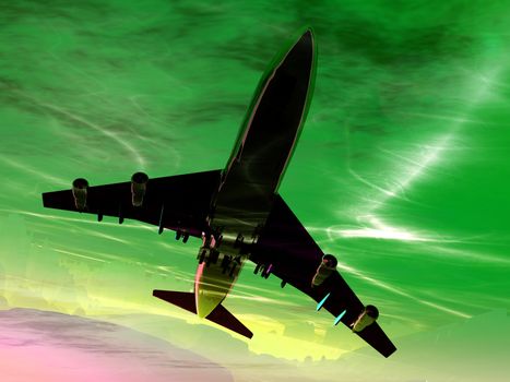A plane flying high in the sky.