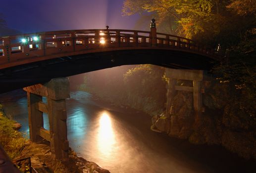 sacred japanese red bridge at night, Shinkyo Bridge, Nikko Japan