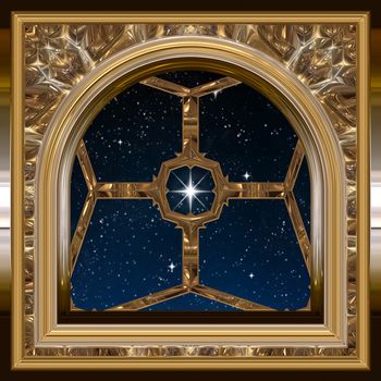gothic or science fiction window looking into starry night sky with wishing star