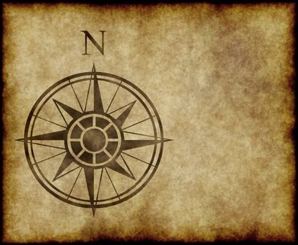 great north arrow and compass on old parchment map with copy space