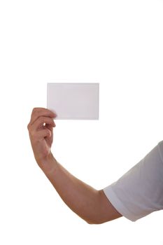 Hand holding blank card. Isolated on white background