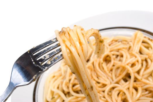 fork with spaghetti isolated on white,Delicious pasta close-up
