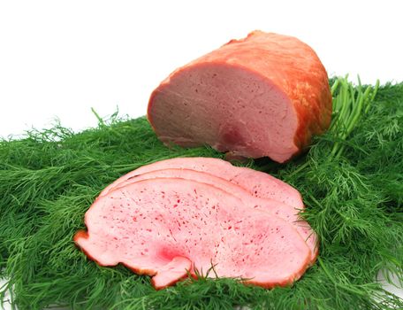 Appetizing part of smoked meat on dill,useful protein food