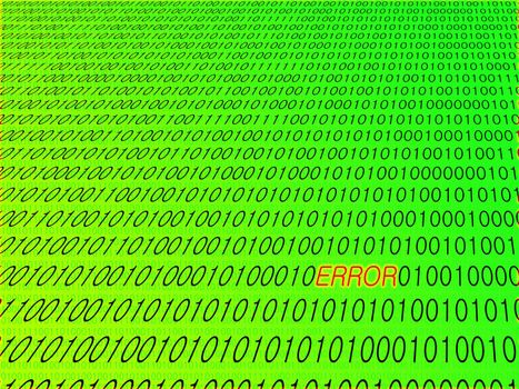 Binary digits in perspective with ERROR text in red with glow effect. Background is graduating luminous green with darker green smaller binary digits.