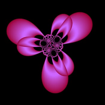 An abstract image with six petal like divisions done in red floating on a black background.