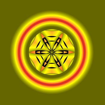 An abstract image with arrow shapes in the center of orange, green, and yellow rings.