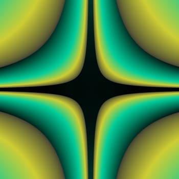 An abstract fractal done in layers of yellow and green with a black center that peers through to another dimensio.