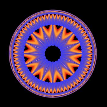 A circular fractal done in shades of blue orange and yellow floating on a black background.