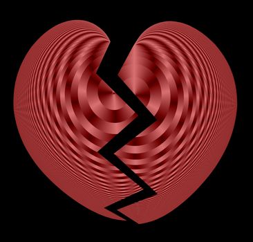 A broken fractal heart done in shades of red and black on a black background.