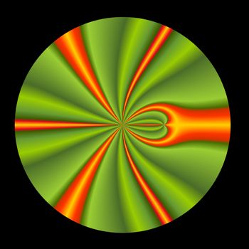 Green and orange abstract circular fractal floating on a black background.