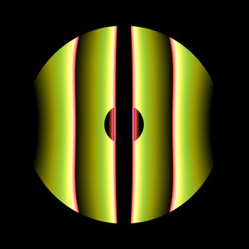 An abstract fractal with vertical stripes done in shades of orange, green and yellow floating on a black background. 