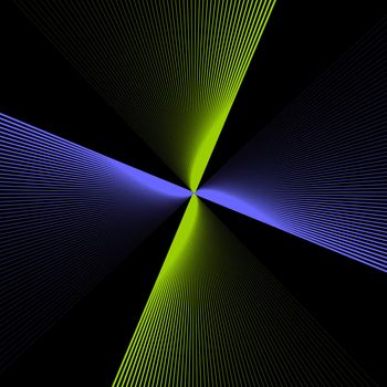 A fractal with rays of blue and green twisting and radiating out from the cetral core in pinwheel fashion.