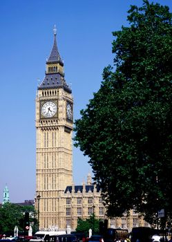 The clock tower at the Palace of Westminster