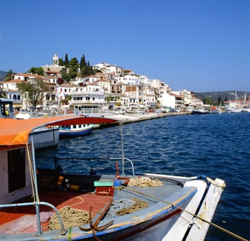 Skiathos port Greece with fishing boat in foreground
