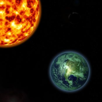 Render of Sun and earth in High resolution 3D with planet and cosmic dust