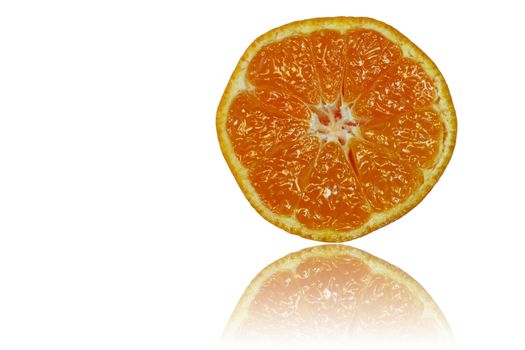 Slice orange on Relective Background with copy space