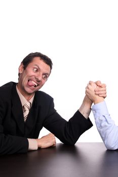 business arm wrestling over white background