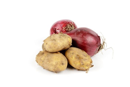 Two raw unpeeled red onions on a reflective white backgrounds