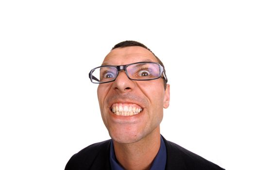 young business man playing silly over white background