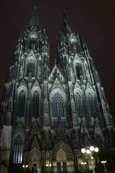 Closeup of famous Cologne Cathedral. Night scene with long exposure