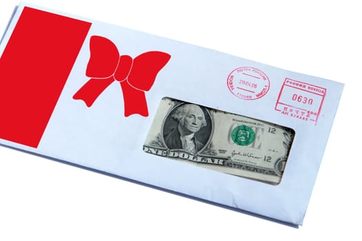 One dollar in sky blue envelope with red bow and red space for logo or text.