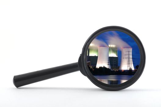 power plant industry concept with magnifying glass