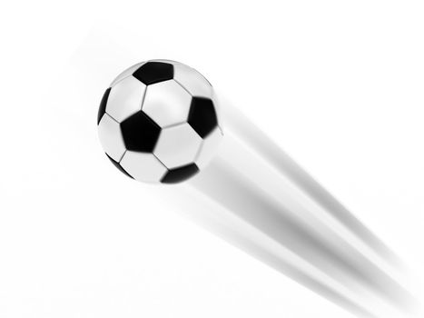Flying soccer ball on white background rendered with motion blur effect. High resolution 3D image.