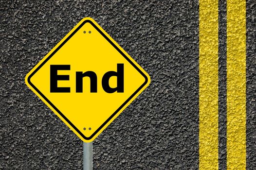 the end concept with warning roadsign in yellow