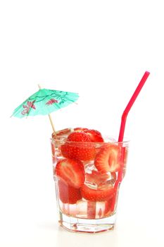 healthy drink with sliced strawberry fruit isolated on white