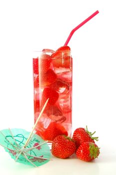 strawberry cocktail with ice cubes isolated on white