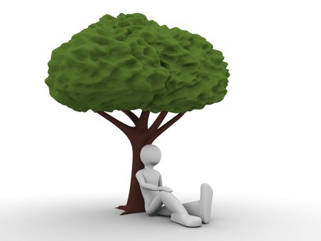3d rendered copyspaced image with a man sitting under the tree and thinking about ecological situation