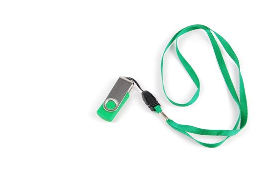 green pen drive with string isolated on white background