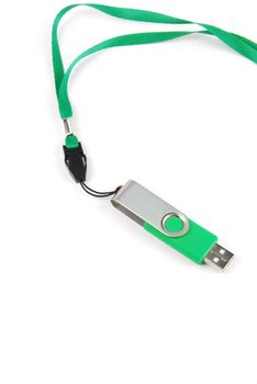 green pen drive with string isolated on white background