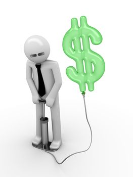 3d rendered copyspaced image with a man pumping a dollar sign using a foot pump; dollar is a baloon pumped by businessmen, bankers and financials