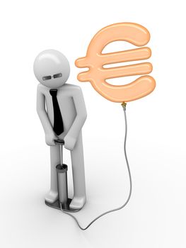 3d rendered copyspaced image with a man pumping a euro sign using a foot pump; euro is a baloon pumped by businessmen, bankers and financials
