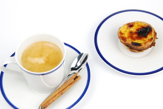 breakfast set with a espresso coffee and portuguese "pastel de nata" (isolated on white background)