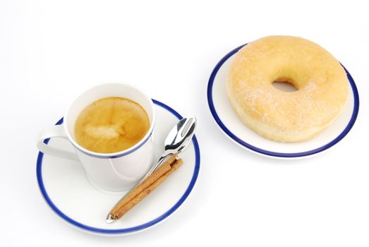 breakfast set with espresso coffee and donut (isolated on white background)