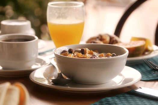 breakfast with coffee, orange juice and cereals