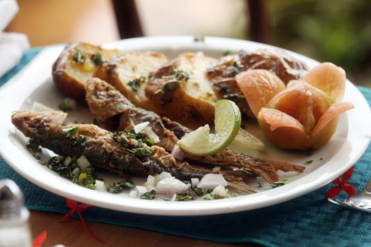 grilled fish with sauce and onion on the dinner plate